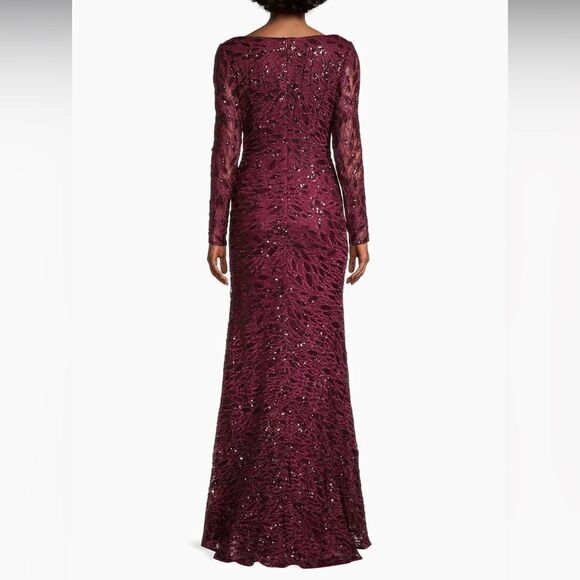 MAC DUGGAL Long Sleeve Sequined Lace Ruched Gown Garnet size 16 NWT - Picture 3 of 13